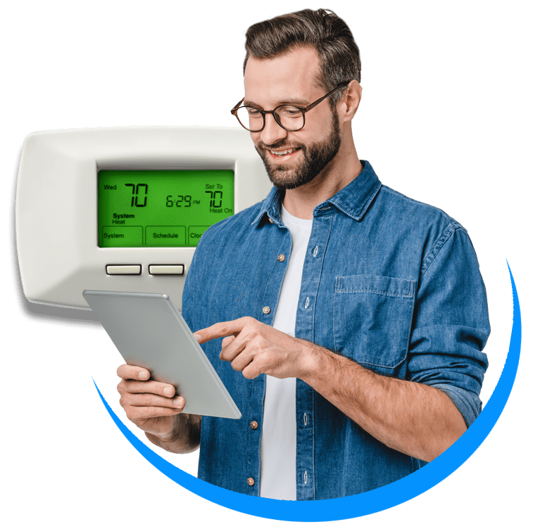 Parker-Heating-and-Air-Conditioning-man-with-ipad-and-thermostat-blue-accent-WORKING-FILE